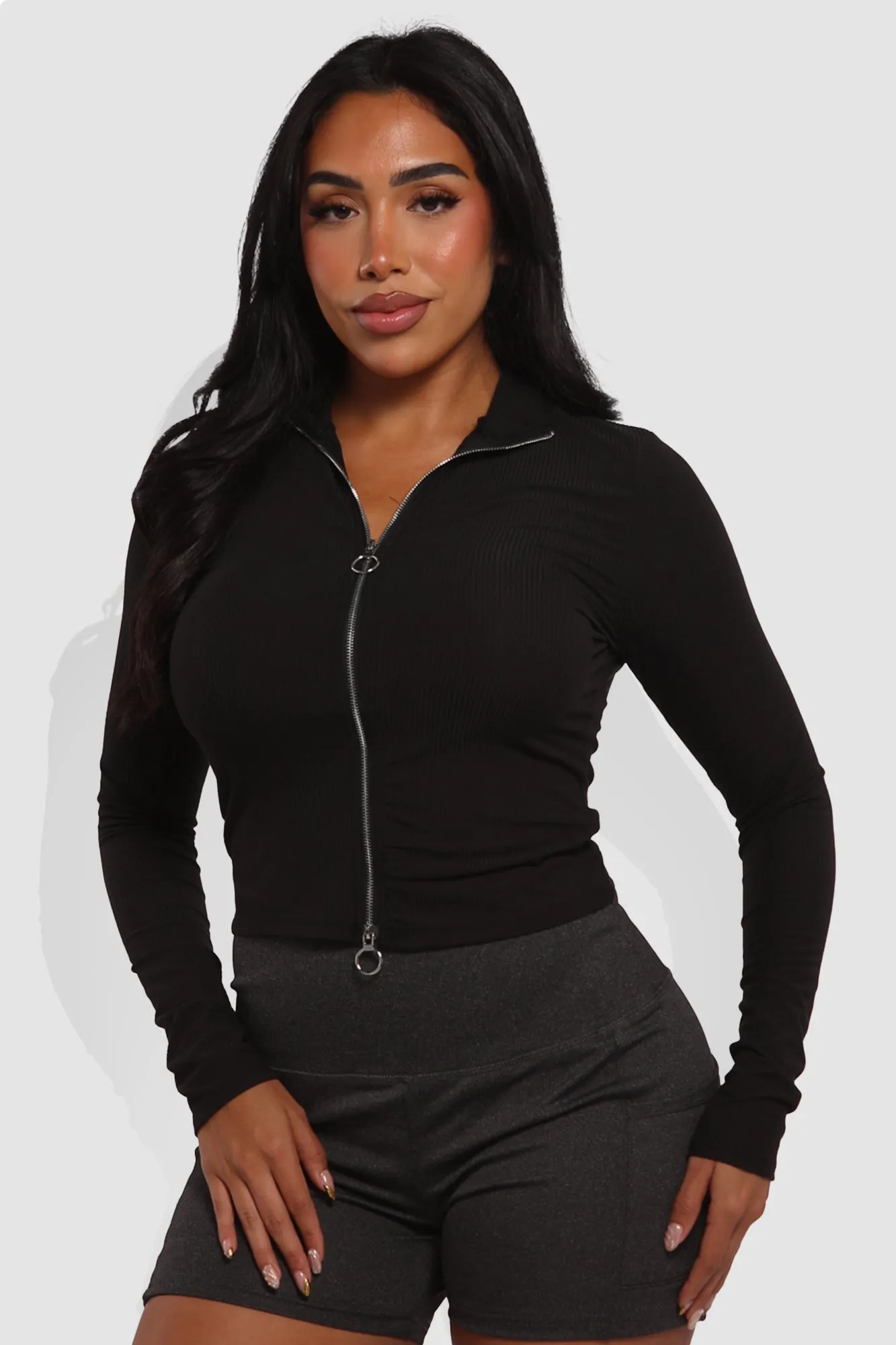 Mock Neck Long Sleeve Rib Knit Zip Up Crop Tops - Black