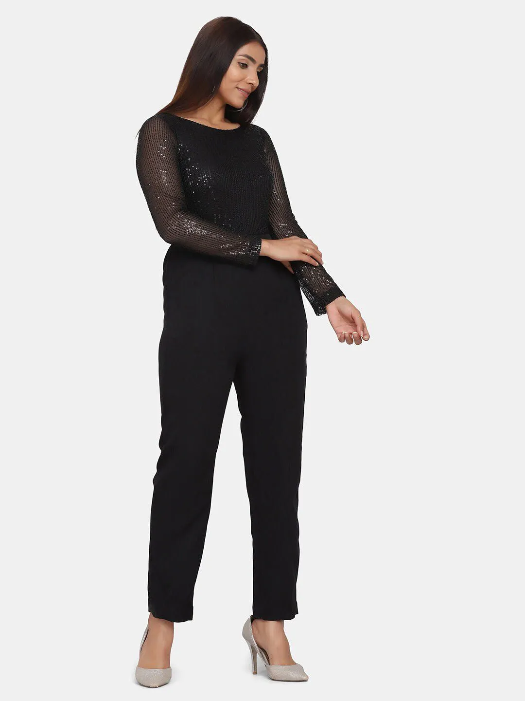 Sequin Stretch Jumpsuit for Women - Black