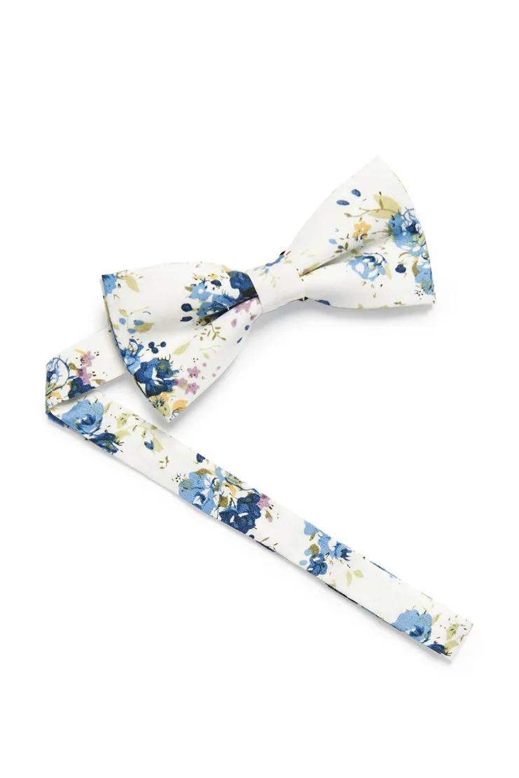 Shabby Chic Floral Bow Tie - Ivory/Royal Blue