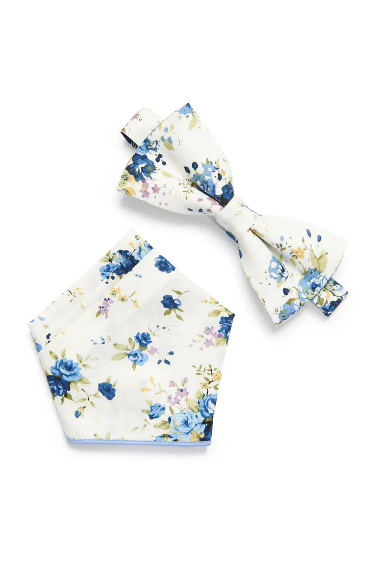 Shabby Chic Floral Bow Tie - Ivory/Royal Blue