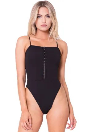 THE MYSTYLEMODE BLACK HOOK AND EYE SPAGHETTI STRAP BODYSUIT