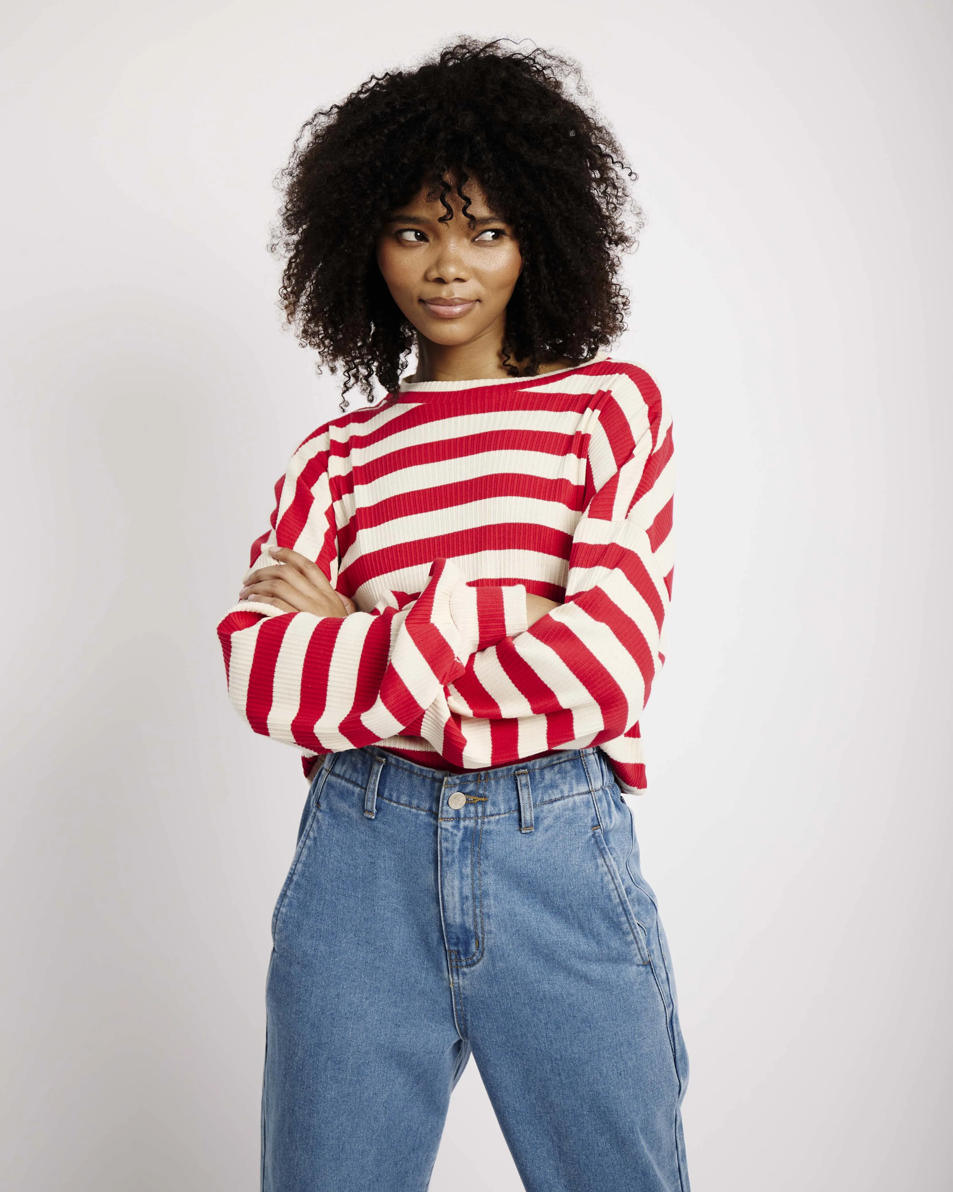 The Slouchy Rib Knit Top in Red and Cream Stripe