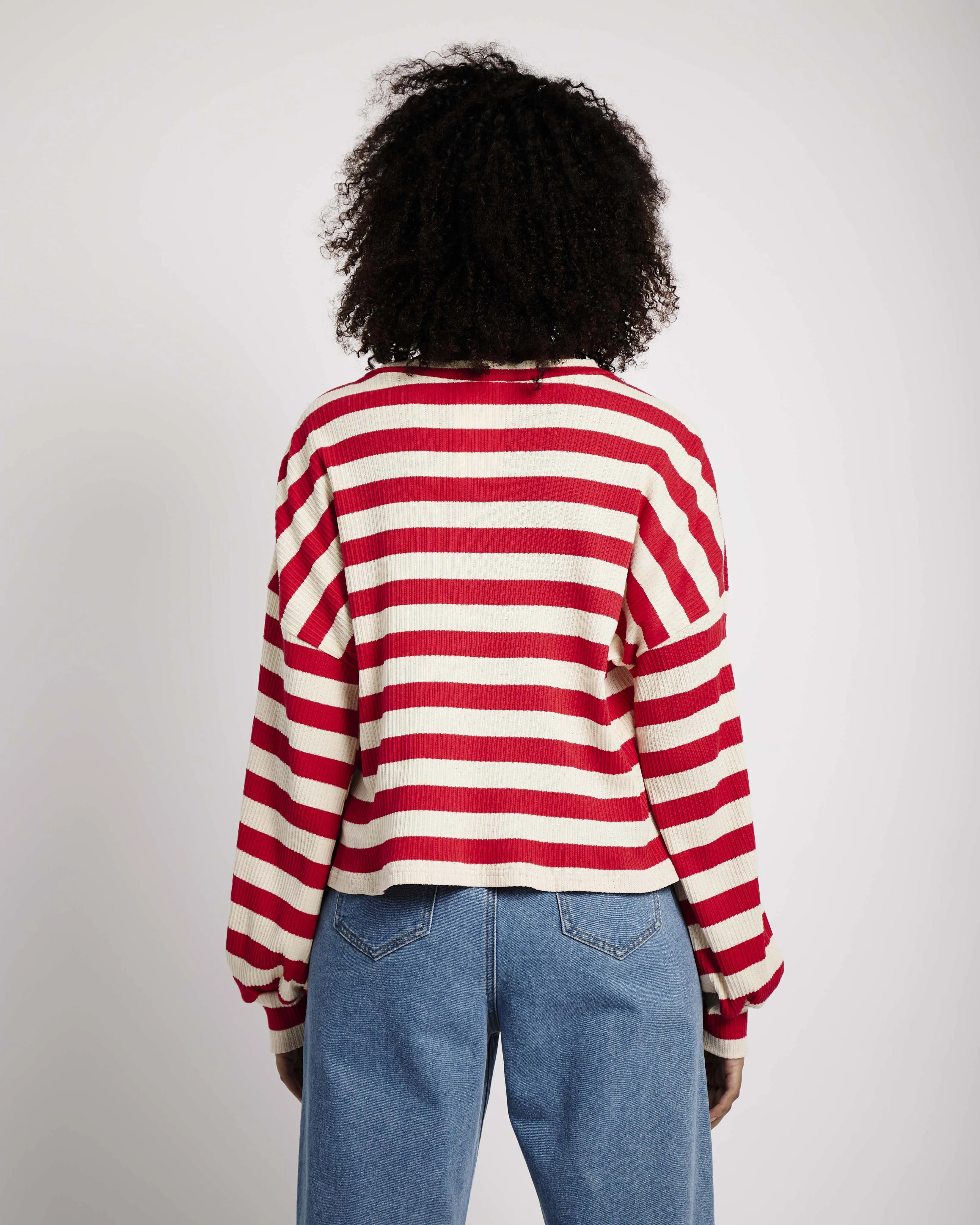 The Slouchy Rib Knit Top in Red and Cream Stripe