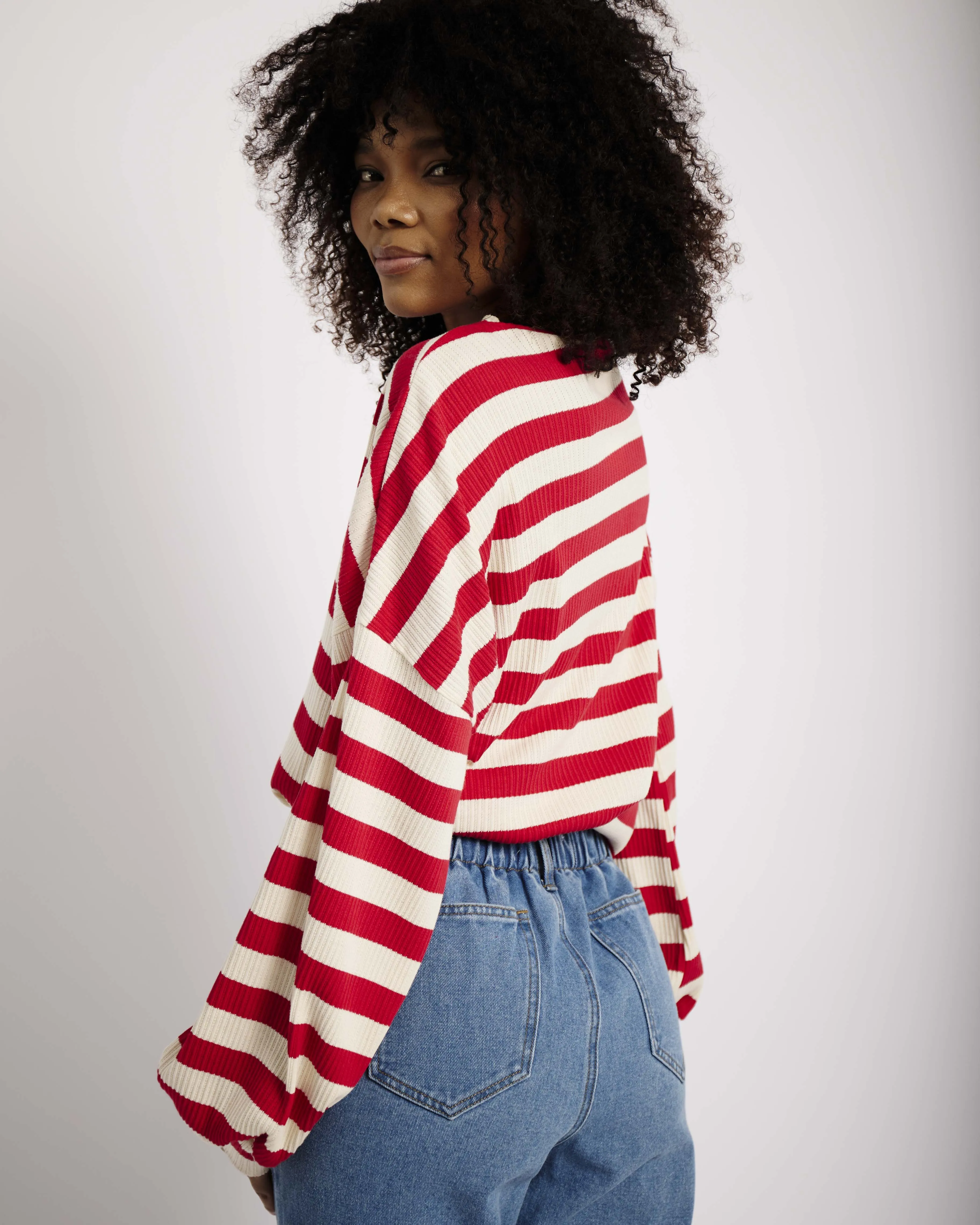 The Slouchy Rib Knit Top in Red and Cream Stripe