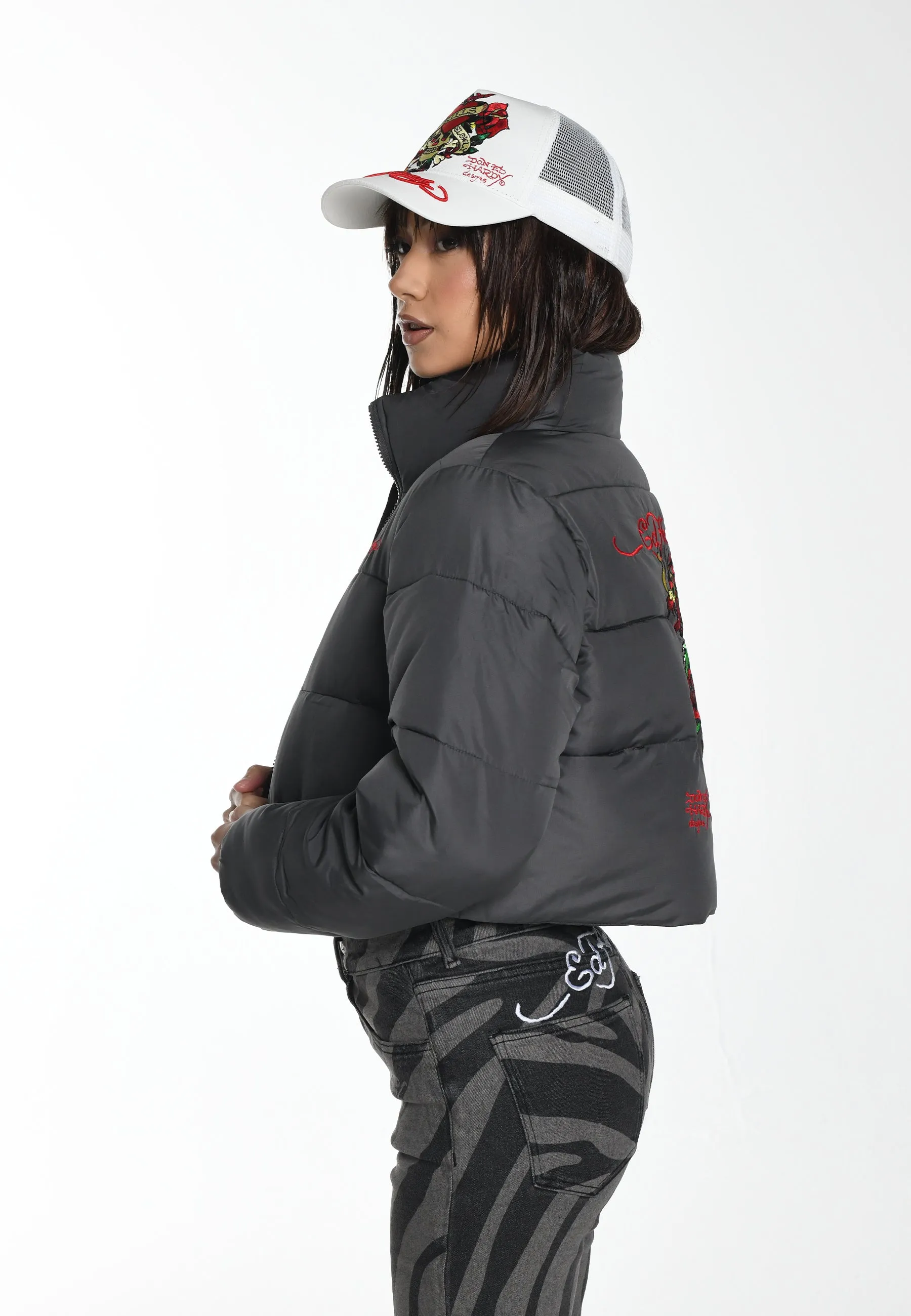 Womens Drag-Rose Cropped Puffa Jacket - Grey