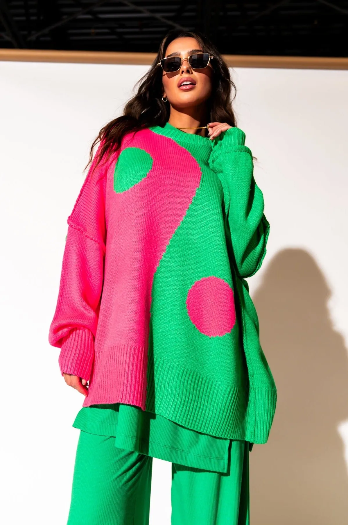 Yin Yang Gang Oversized Knit in Electric Watermelon